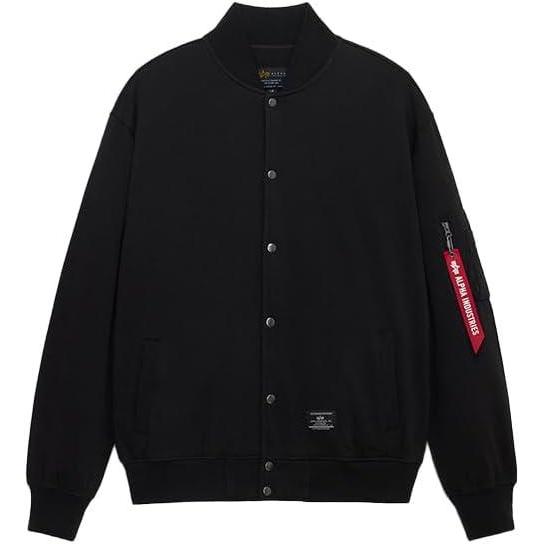 imageAlpha Industries MA1 Fleece Jacket Soft Cotton Blend Utility Pocket Ribbed Cuffs and Hem Classic Military Inspired DesignBlack