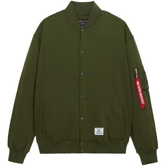 imageAlpha Industries MA1 Fleece Jacket Soft Cotton Blend Utility Pocket Ribbed Cuffs and Hem Classic Military Inspired DesignOg107 Green
