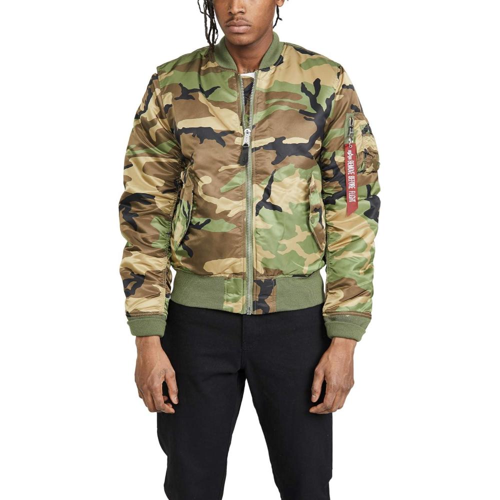 imageAlpha Industries MA1 Slim Fit Bomber Flight Jacket  Fighter Pilot Flight JacketWoodland Camo