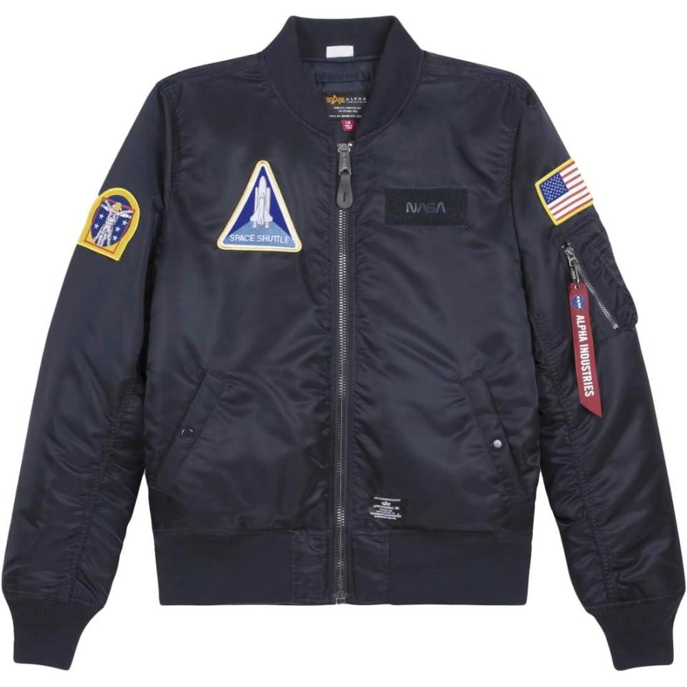imageAlpha Industries NASA MA1 Flight Jacket Gen II WaterResistant Bomber Jacket SpaceThemed Patches Utility Sleeve PocketReplica Blue