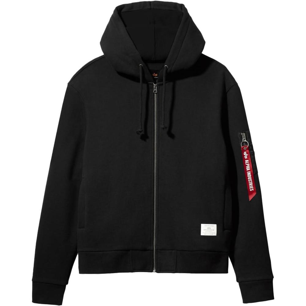 imageAlpha Industries Utility Pocket Full Zip Up Hoodie Drawcord Adjustable Hood and Utility Sleeve Pocket Alpha Red RibbonBlack
