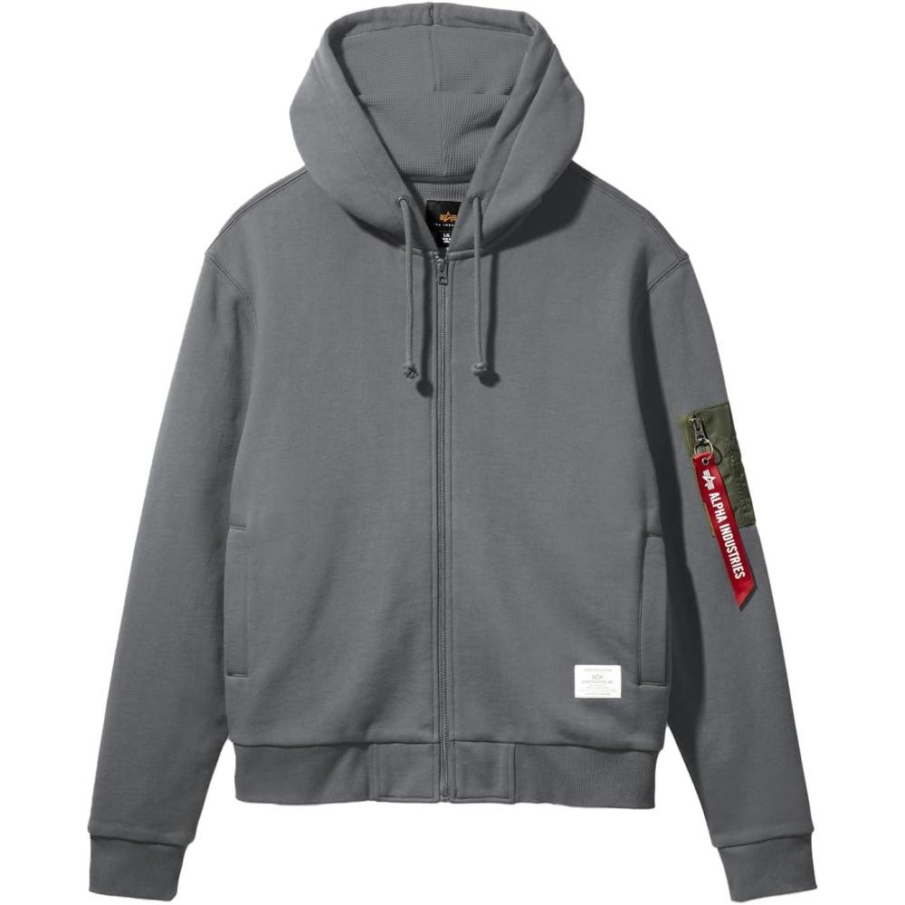 imageAlpha Industries Utility Pocket Full Zip Up Hoodie Drawcord Adjustable Hood and Utility Sleeve Pocket Alpha Red RibbonMedium Charcoal Heather