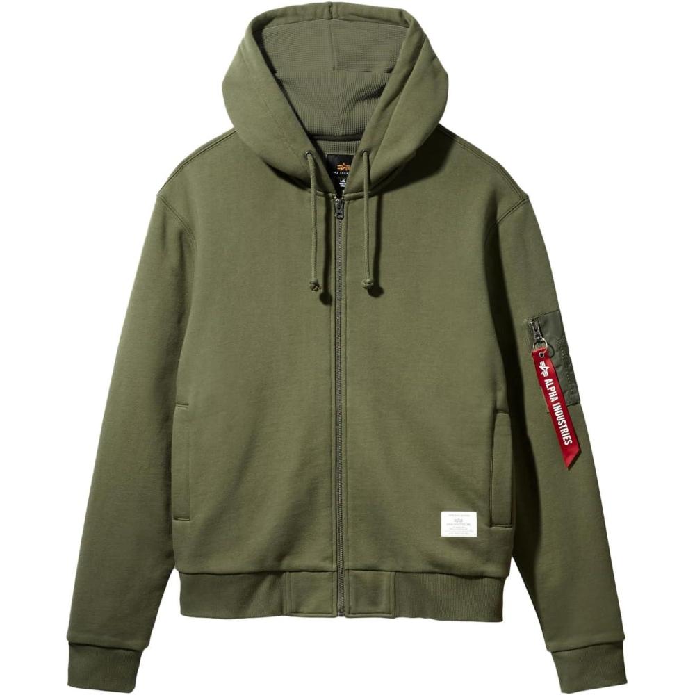 imageAlpha Industries Utility Pocket Full Zip Up Hoodie Drawcord Adjustable Hood and Utility Sleeve Pocket Alpha Red RibbonOg107 Green